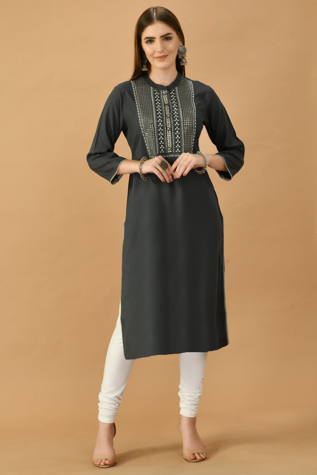 Grey Yoke Embroidered Kurta
