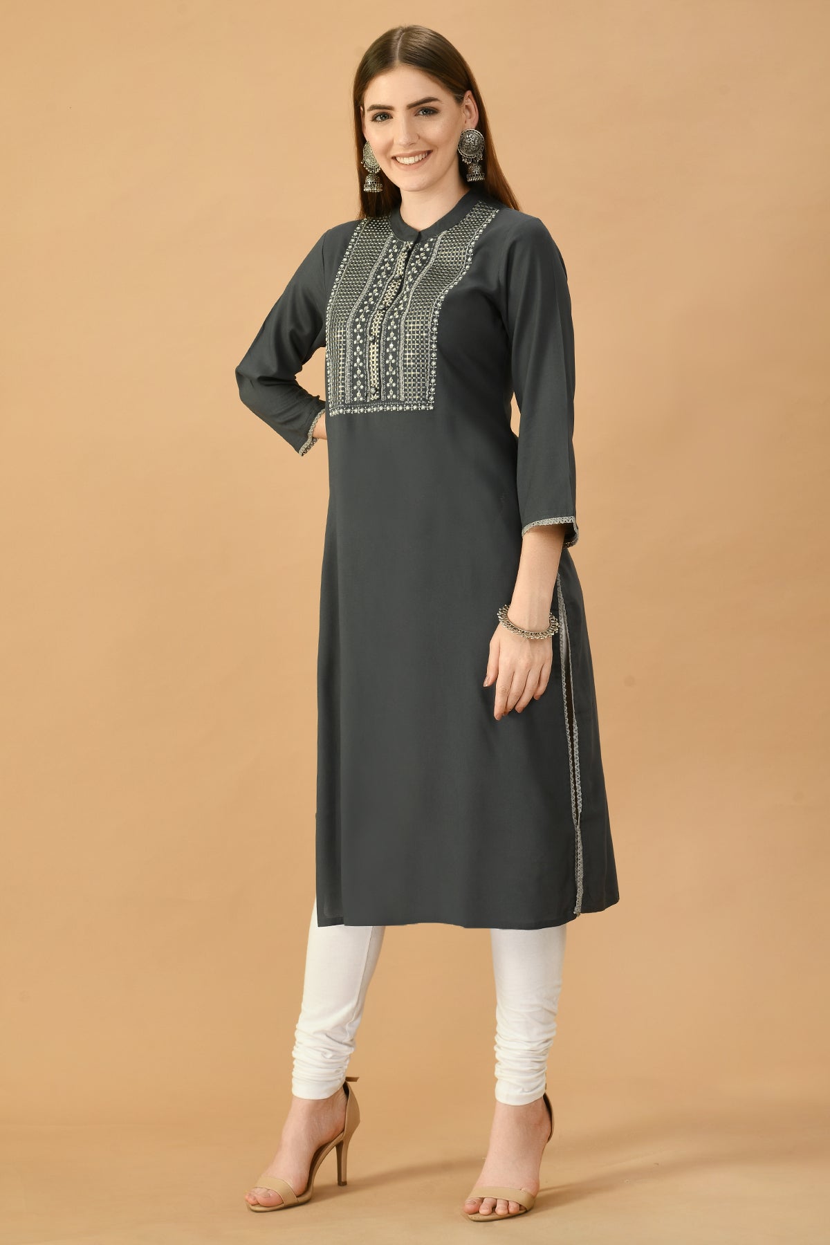 Grey Yoke Embroidered Kurta
