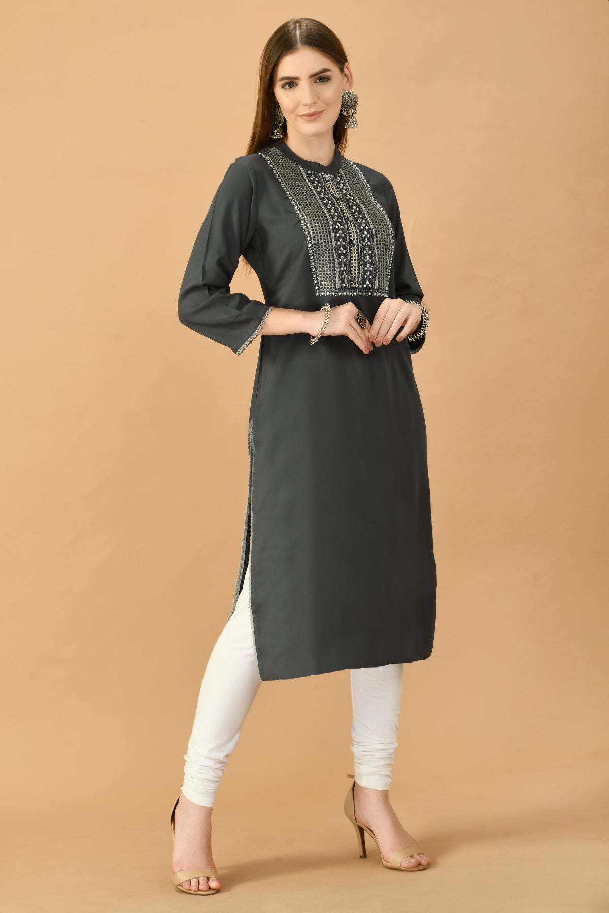 Grey Yoke Embroidered Kurta