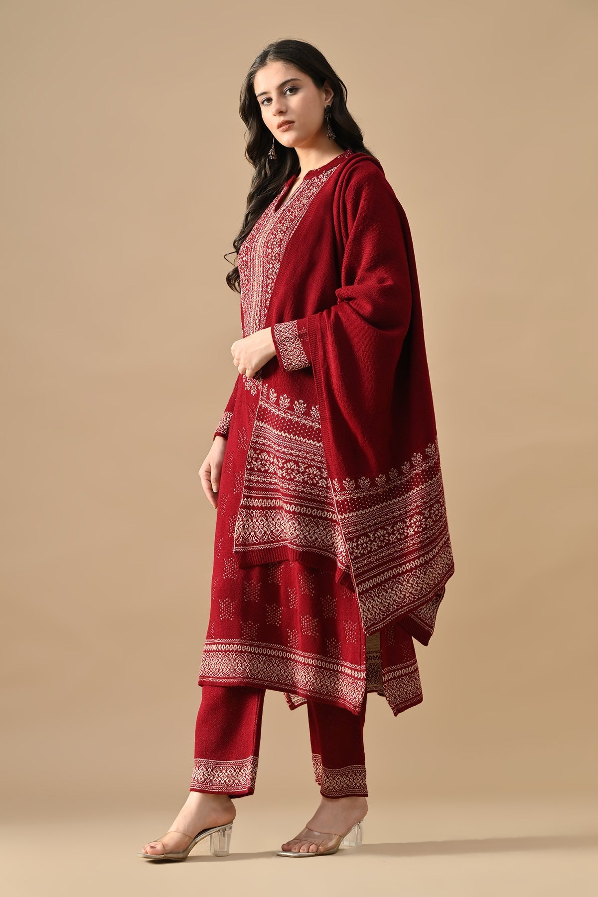 Winter Red Beads Embroidery Ethnic Motifs Woven Kurta 3 Pcs Set