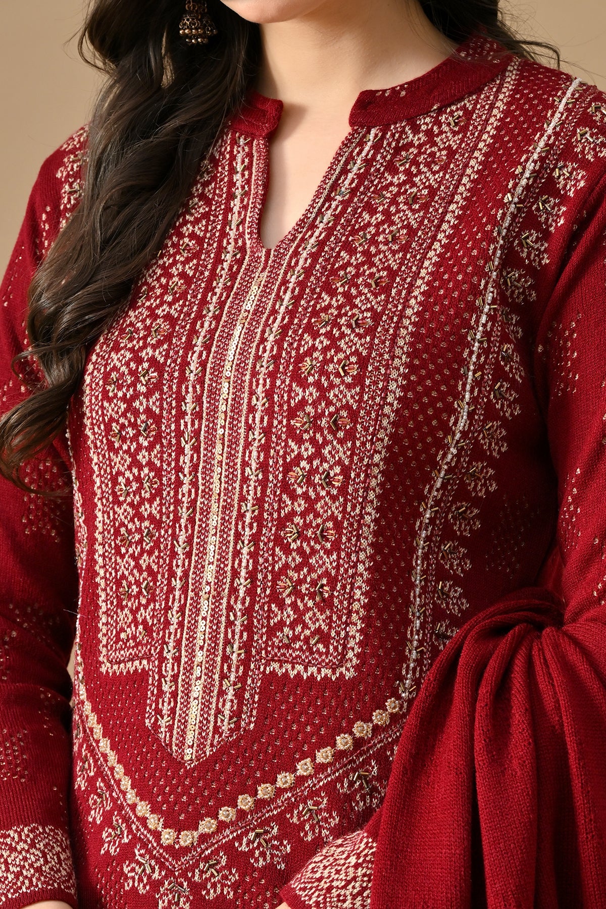 Winter Red Beads Embroidery Ethnic Motifs Woven Kurta 3 Pcs Set
