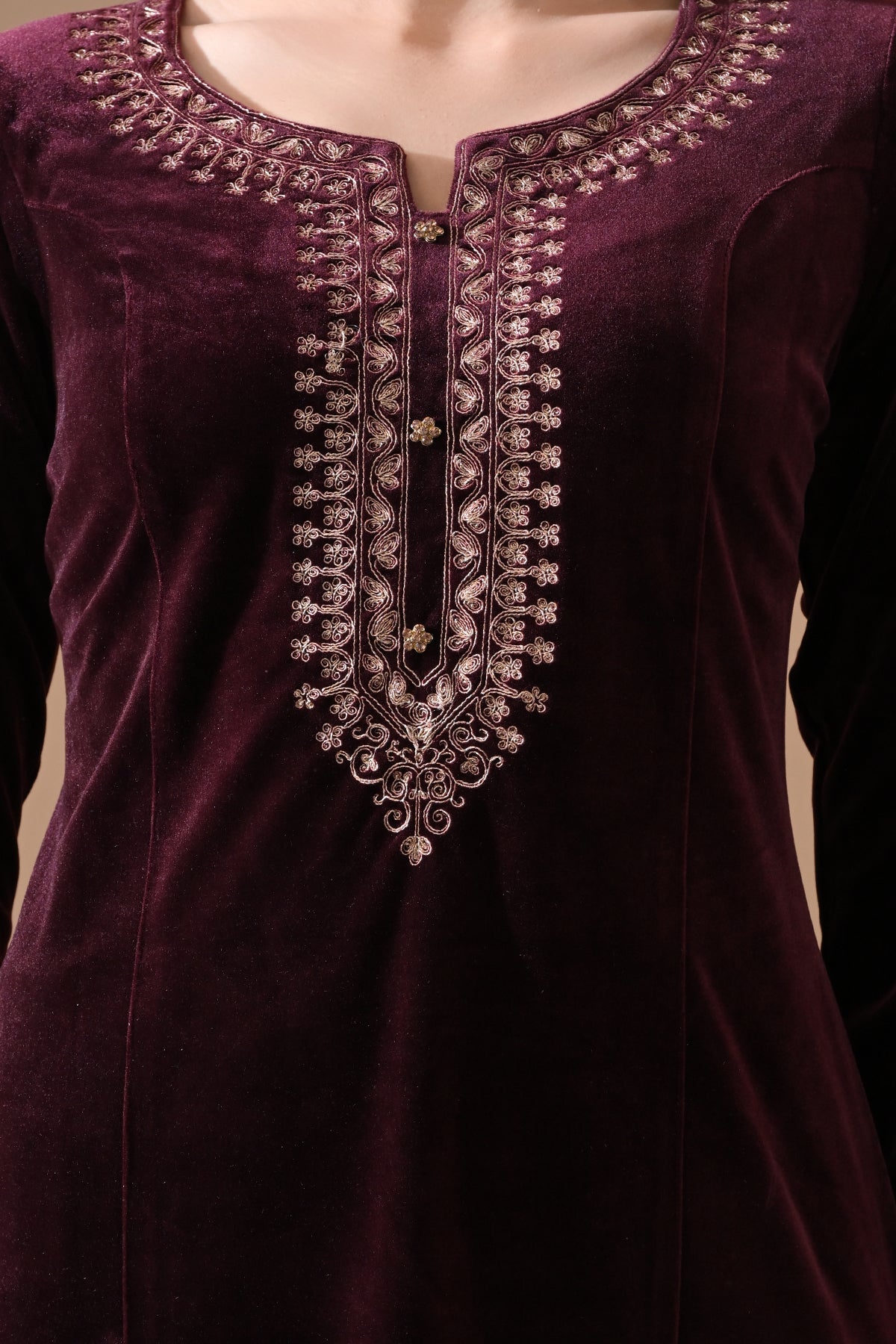Winter Wine Embroidery Velvet Kurta 3 Pcs Set