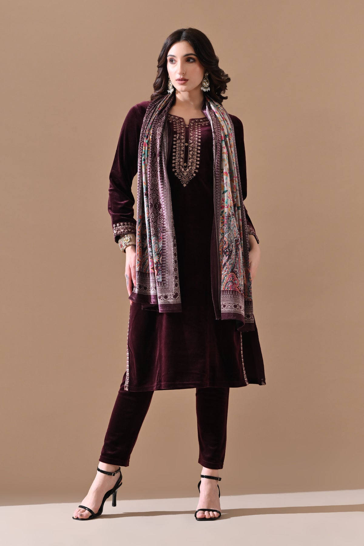 Winter Wine Embroidery Velvet Kurta 3 Pcs Set