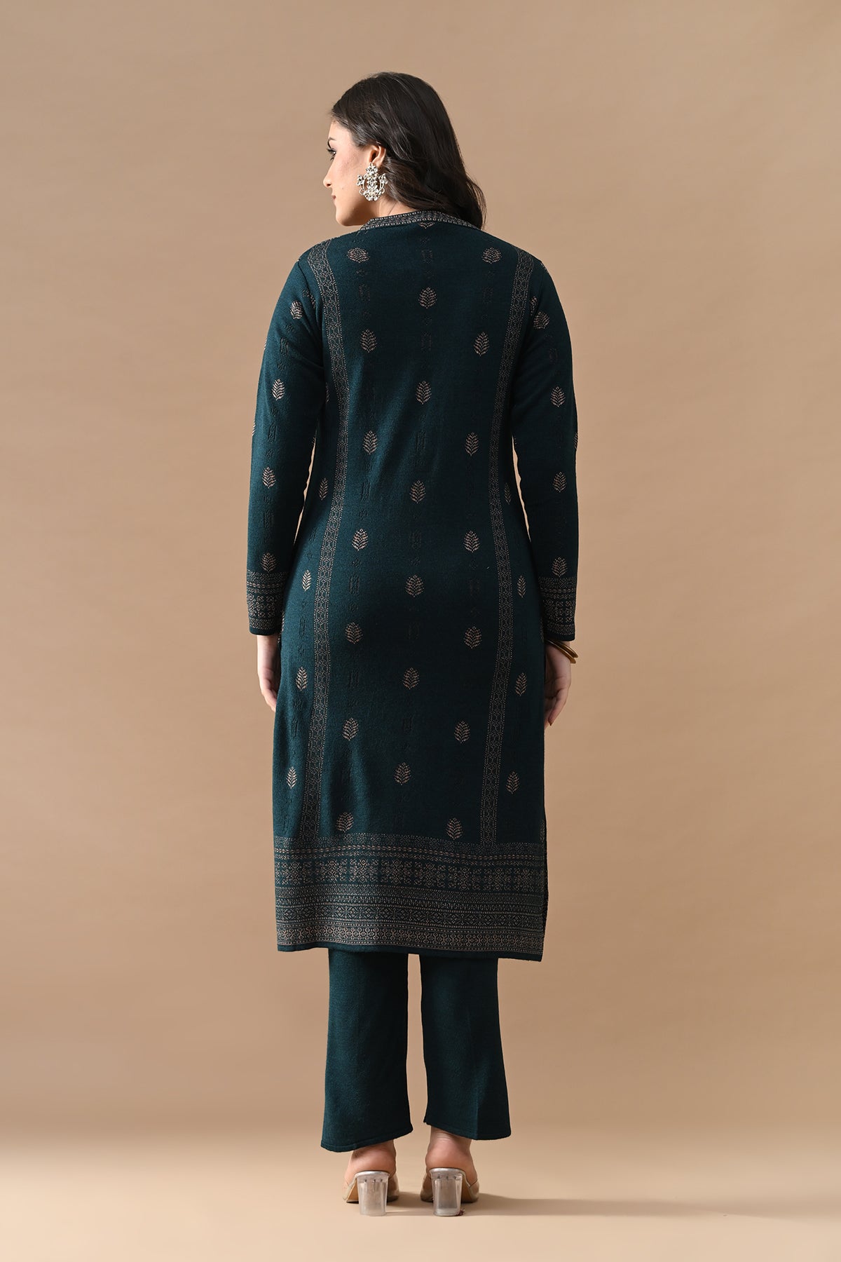 Winter Teal Self Design Woven Kurta 3 Pcs Set