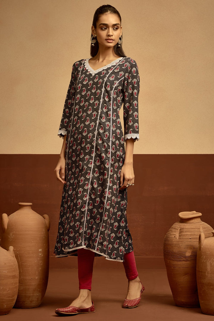 Black Printed A-line Kurta