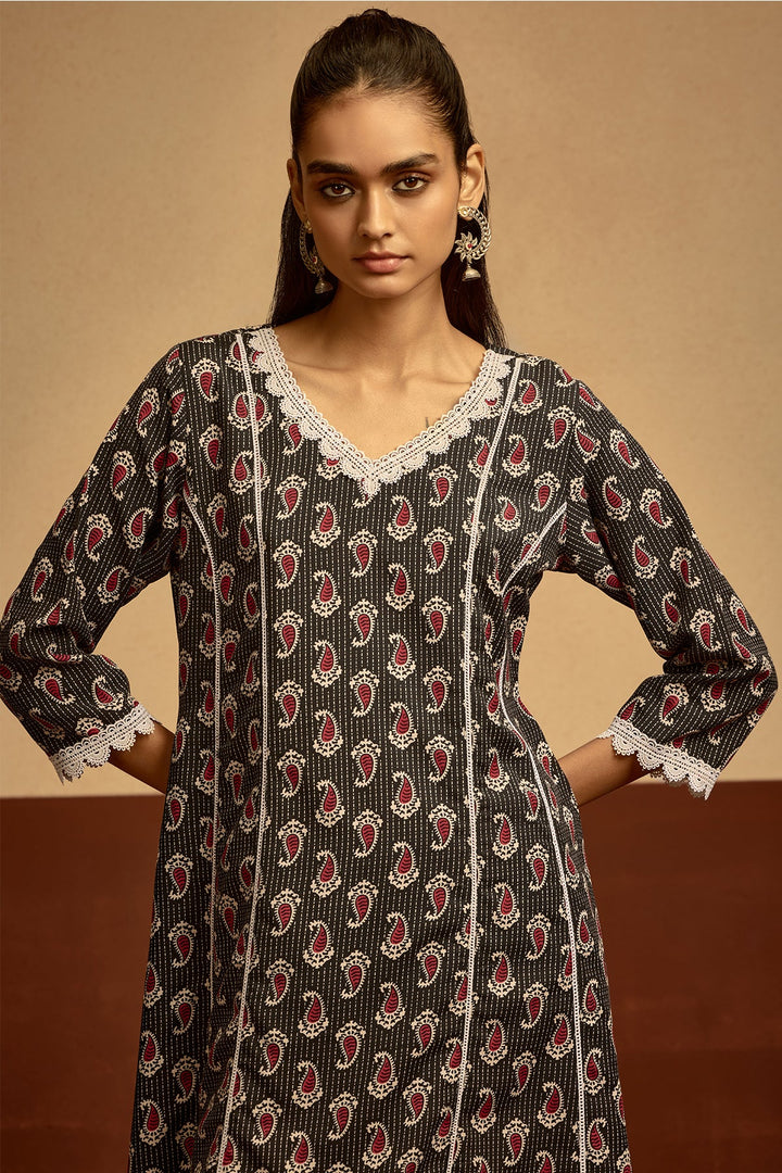 Black Printed A-line Kurta