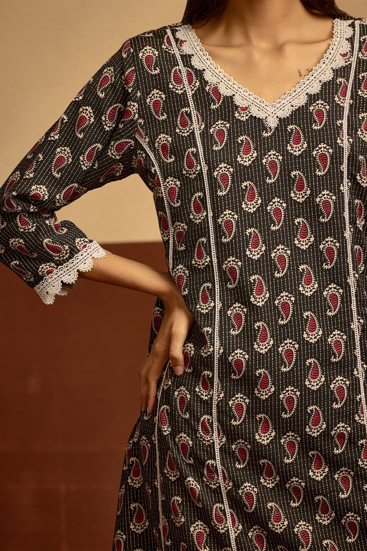 Black Printed A-line Kurta