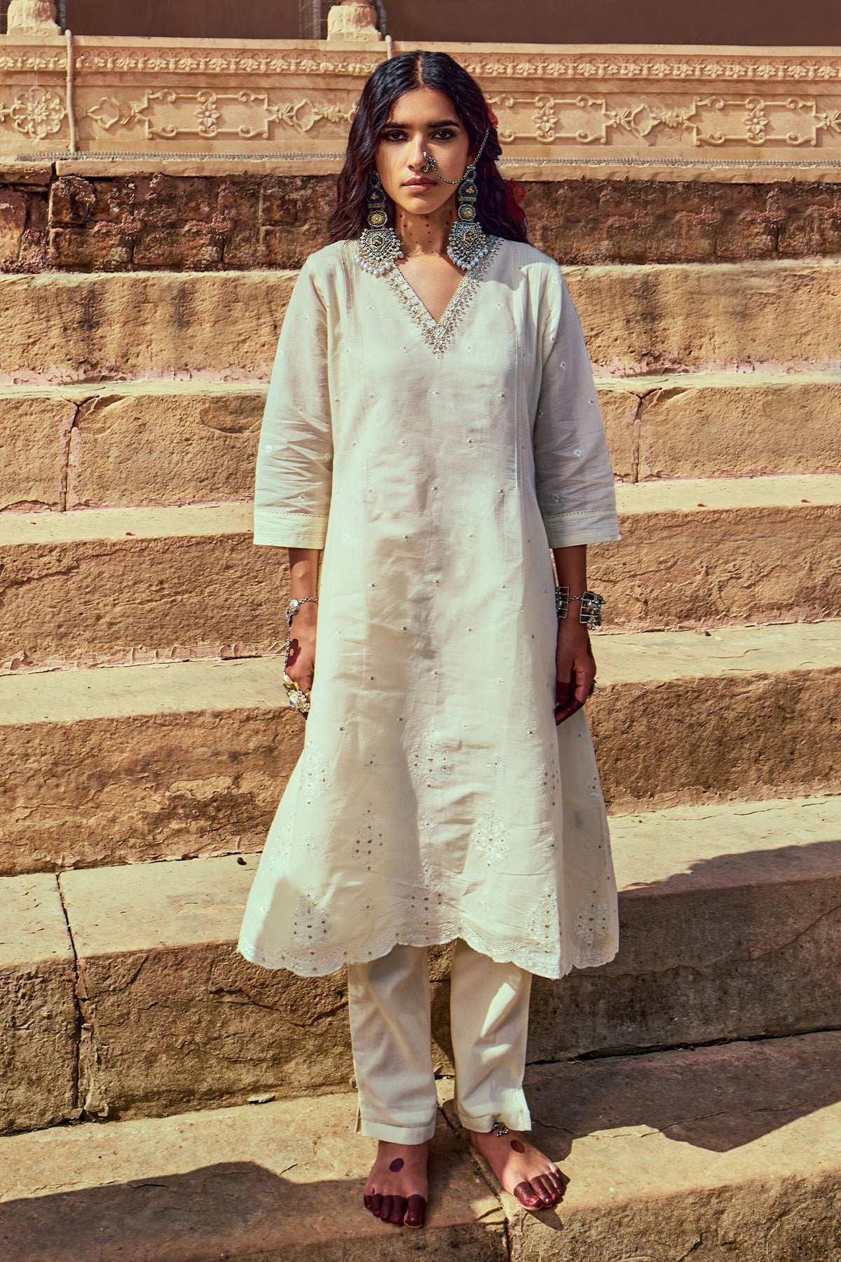 Cream Embroidered A-Line Kurta Set