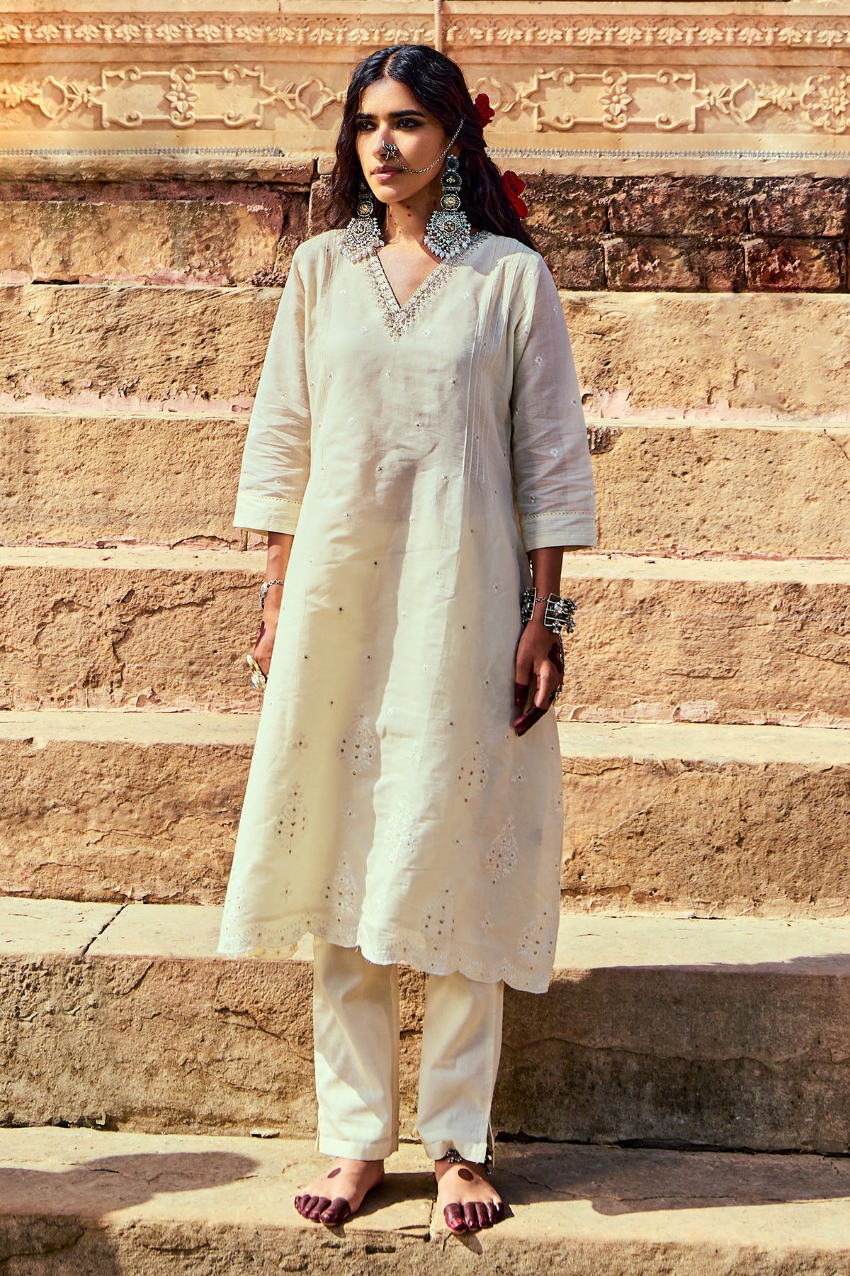 Cream Embroidered A-Line Kurta Set