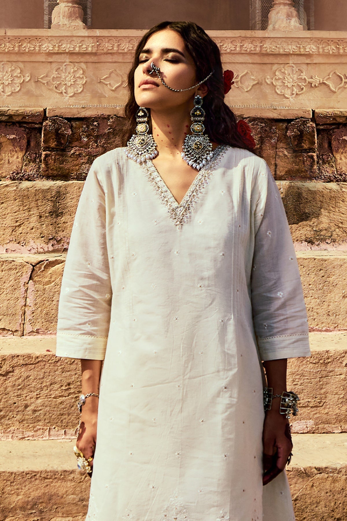 Cream Embroidered A-Line Kurta Set