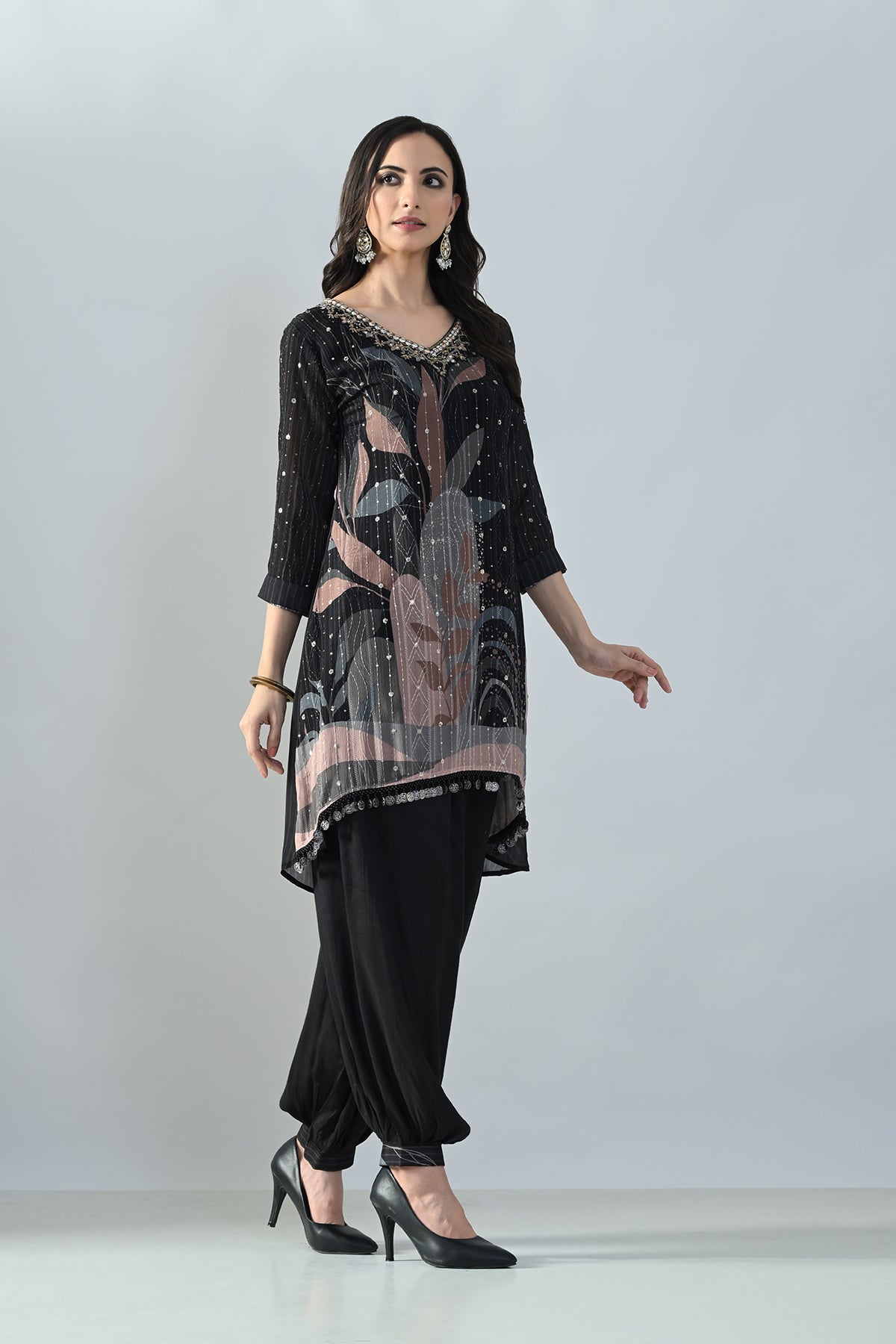 Black Printed A-Line Kurta 2 Pcs Set
