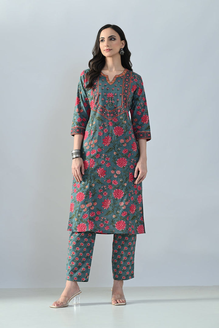 Grey Printed Straight Kurta Set
