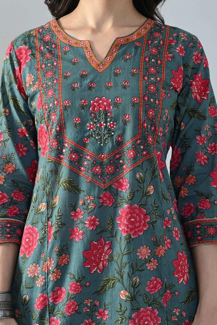 Grey Printed Straight Kurta Set
