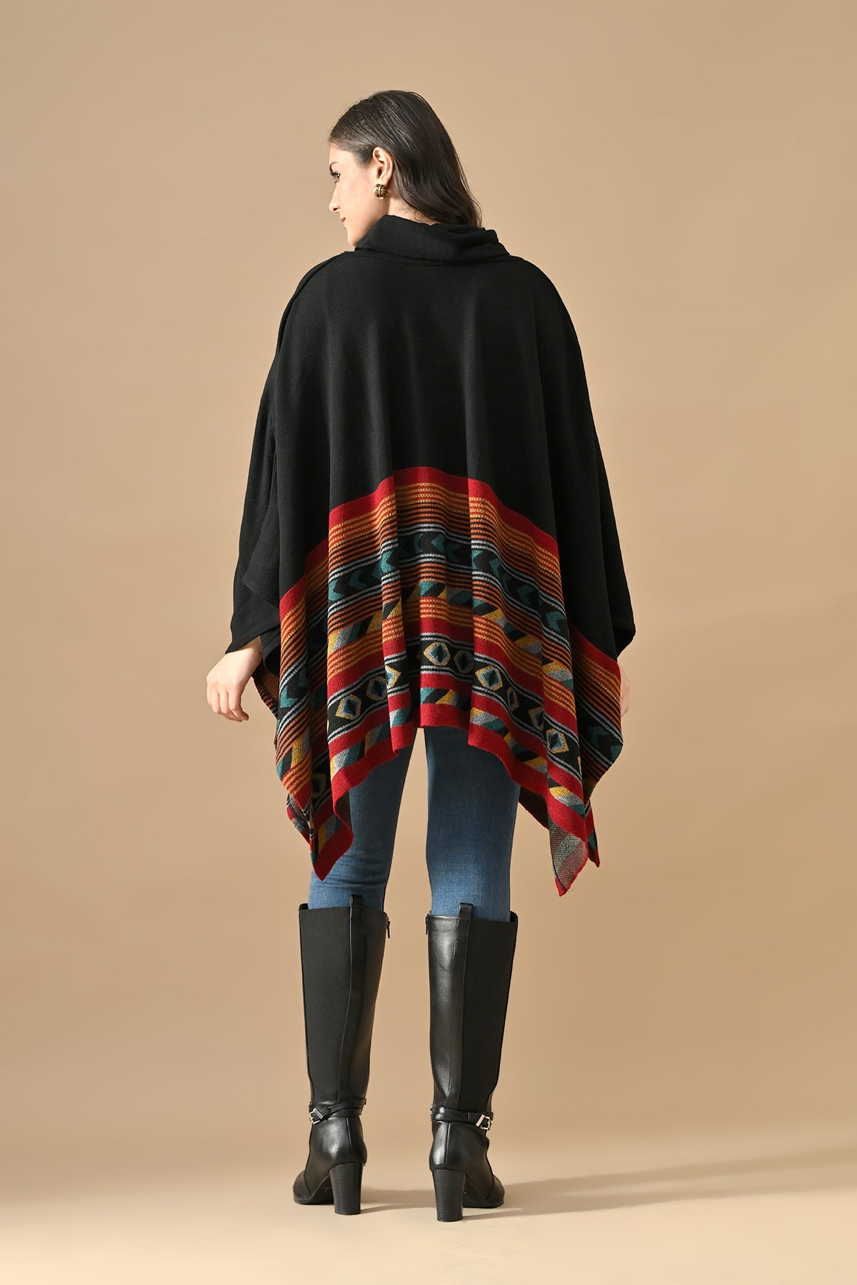 Winter Black Woven Turtleneck Poncho