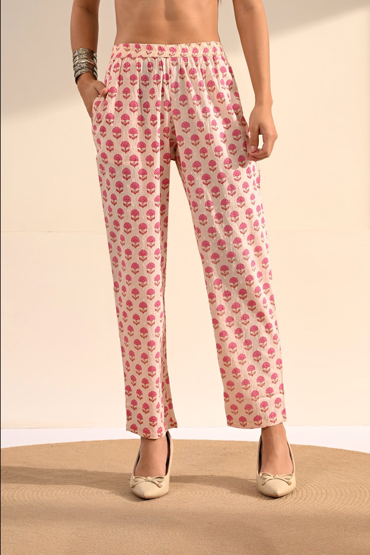 Cream Sanganeri Printed A-Line Kurta Set