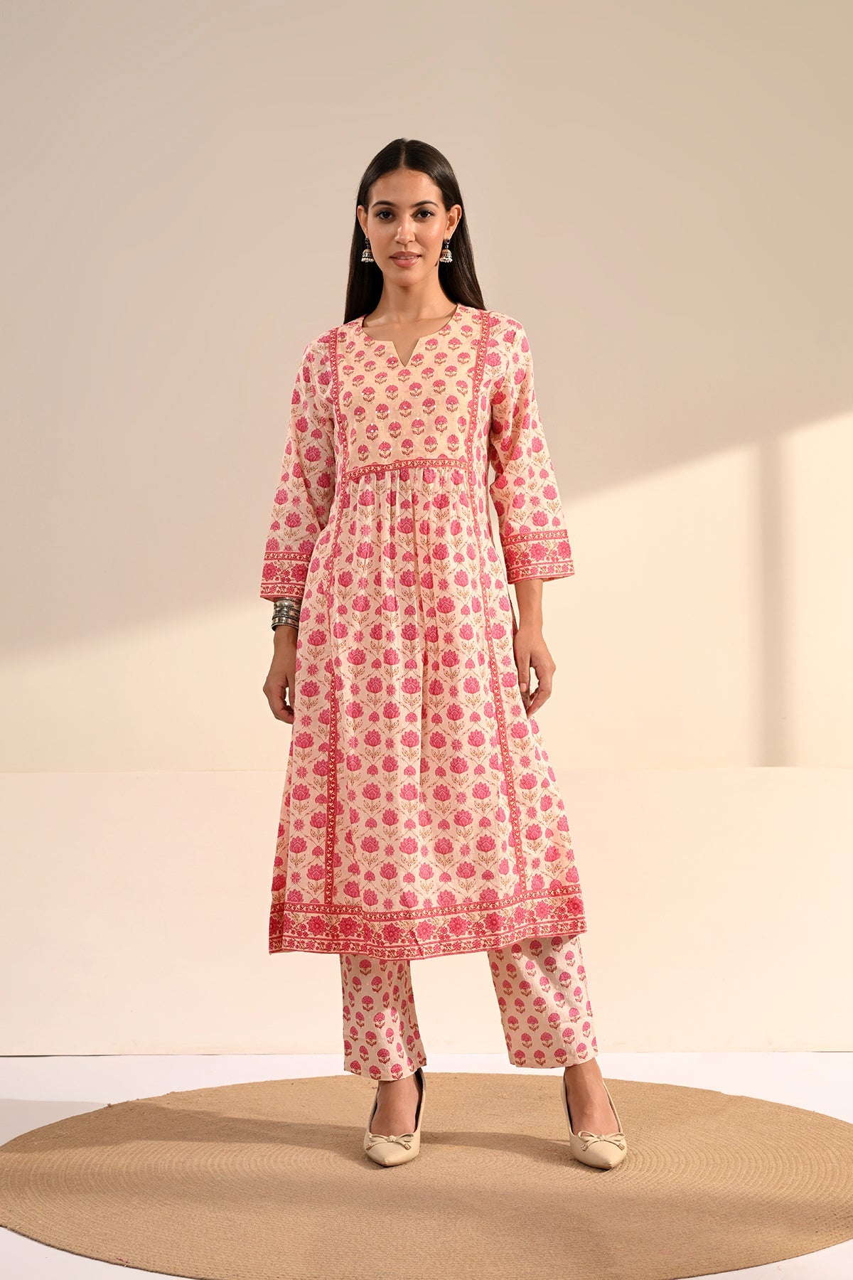 Cream Sanganeri Printed A-Line Kurta Set
