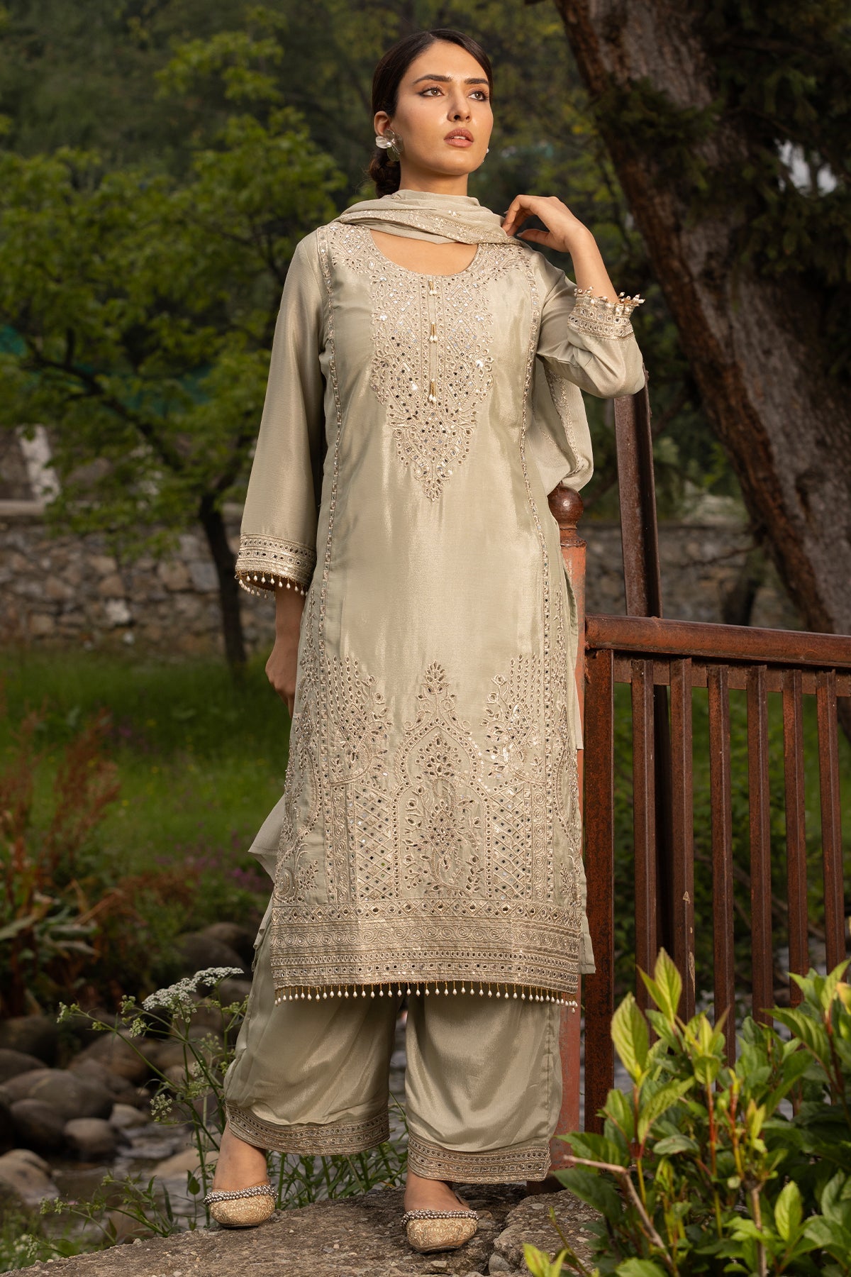 Pista Green Heavy Mirror & Zari Embroidered 3 Pcs Kurta Set