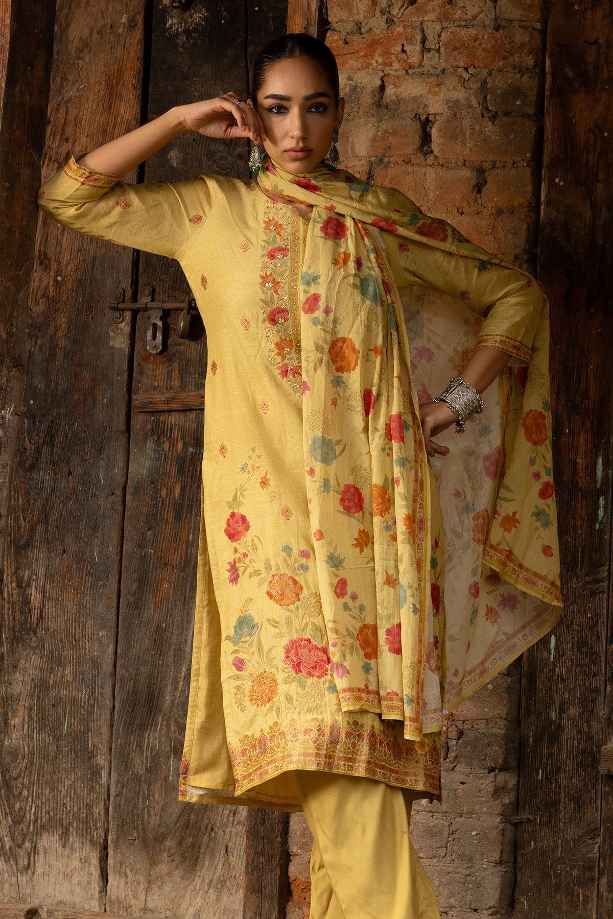 Yellow Embroidered & Floral Print 3 Pcs Kurta Set