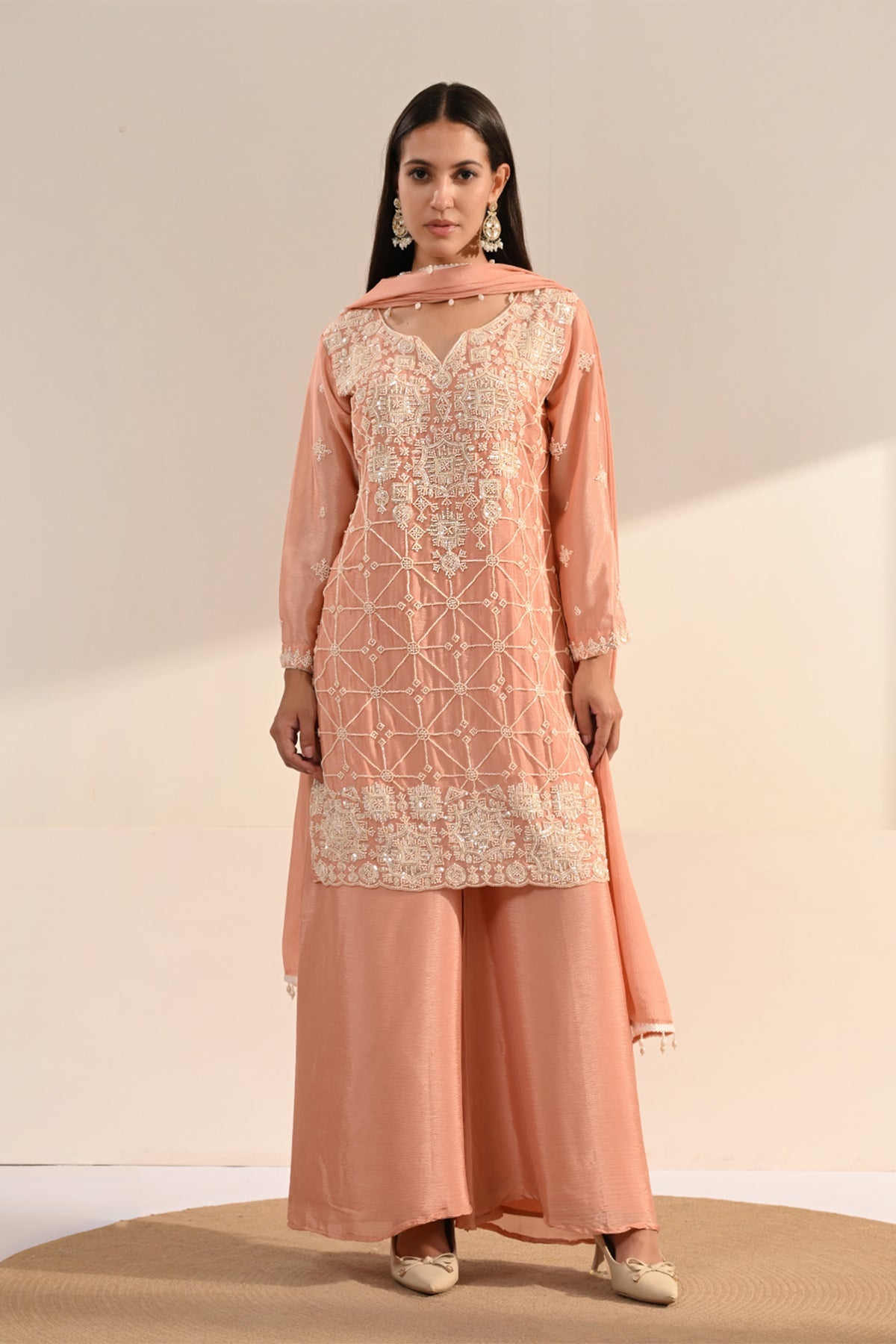 Peach Stone Embellished Chinon 3 Pcs Kurta Set