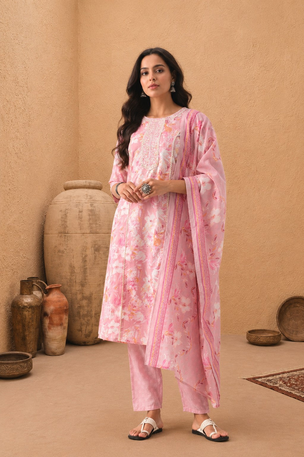 Light Pink Printed Kurta 3 Pcs Set