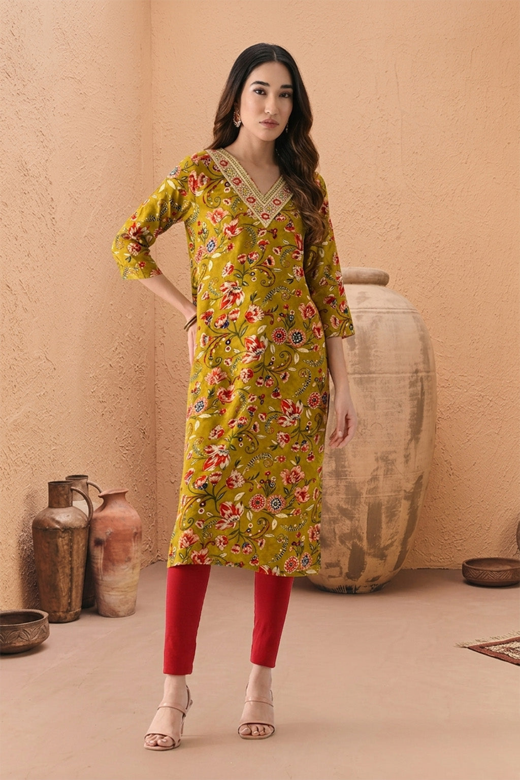Mustard Floral Printed Kurta