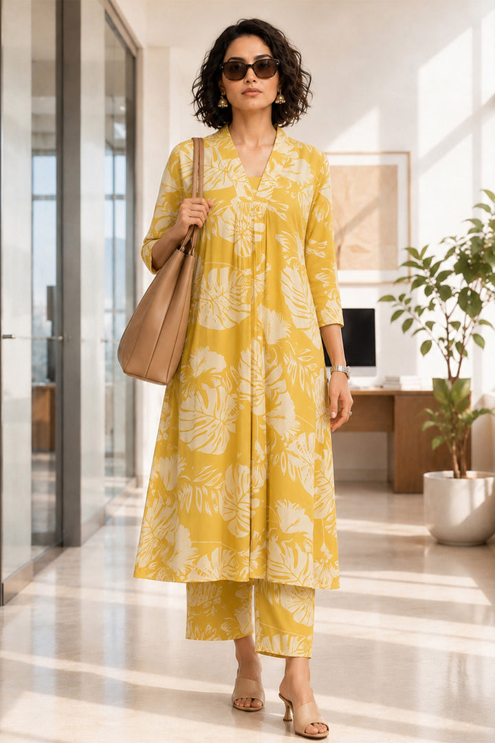 Yellow Printed A-line Kurta 2 Pcs Set
