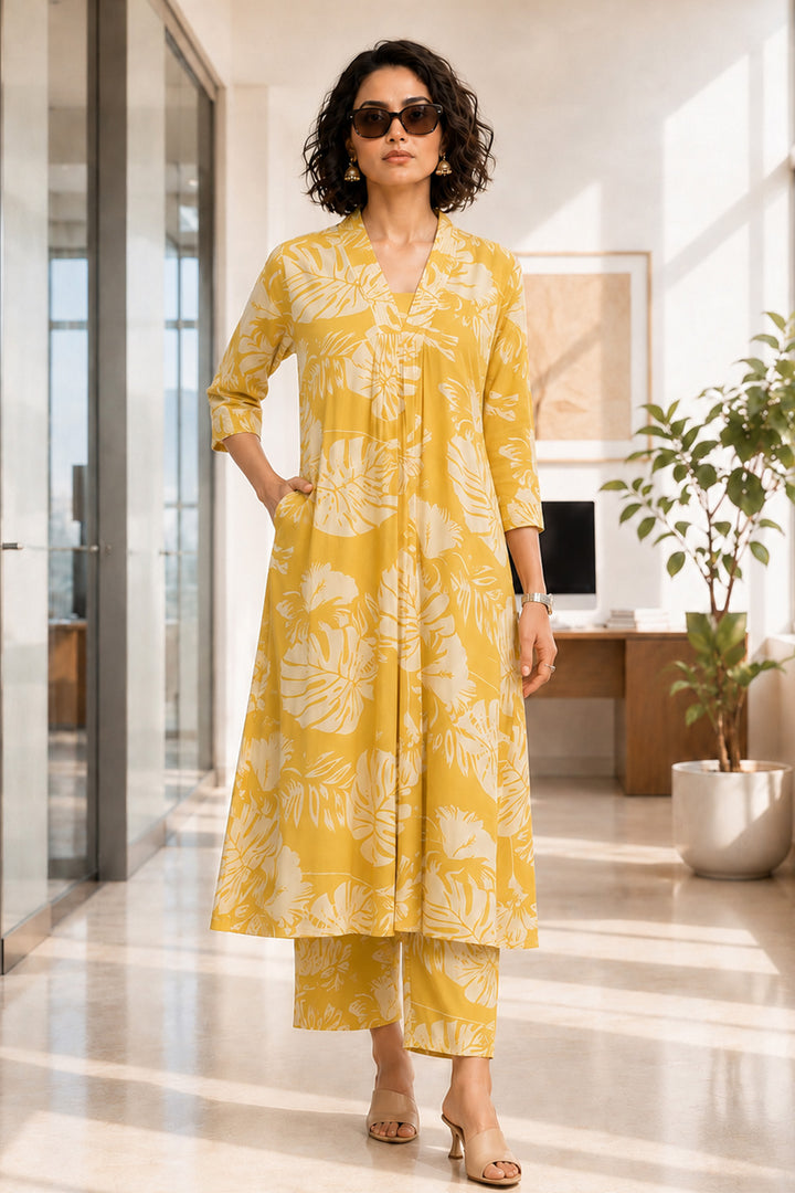Yellow Printed A-line Kurta 2 Pcs Set