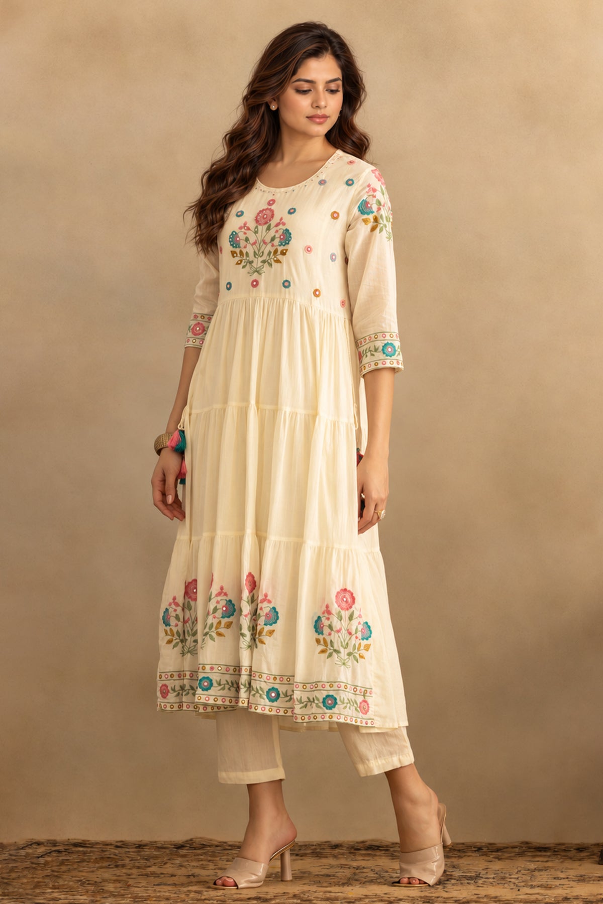 Cream Flared Embroidered Kurta 3 Pcs Set