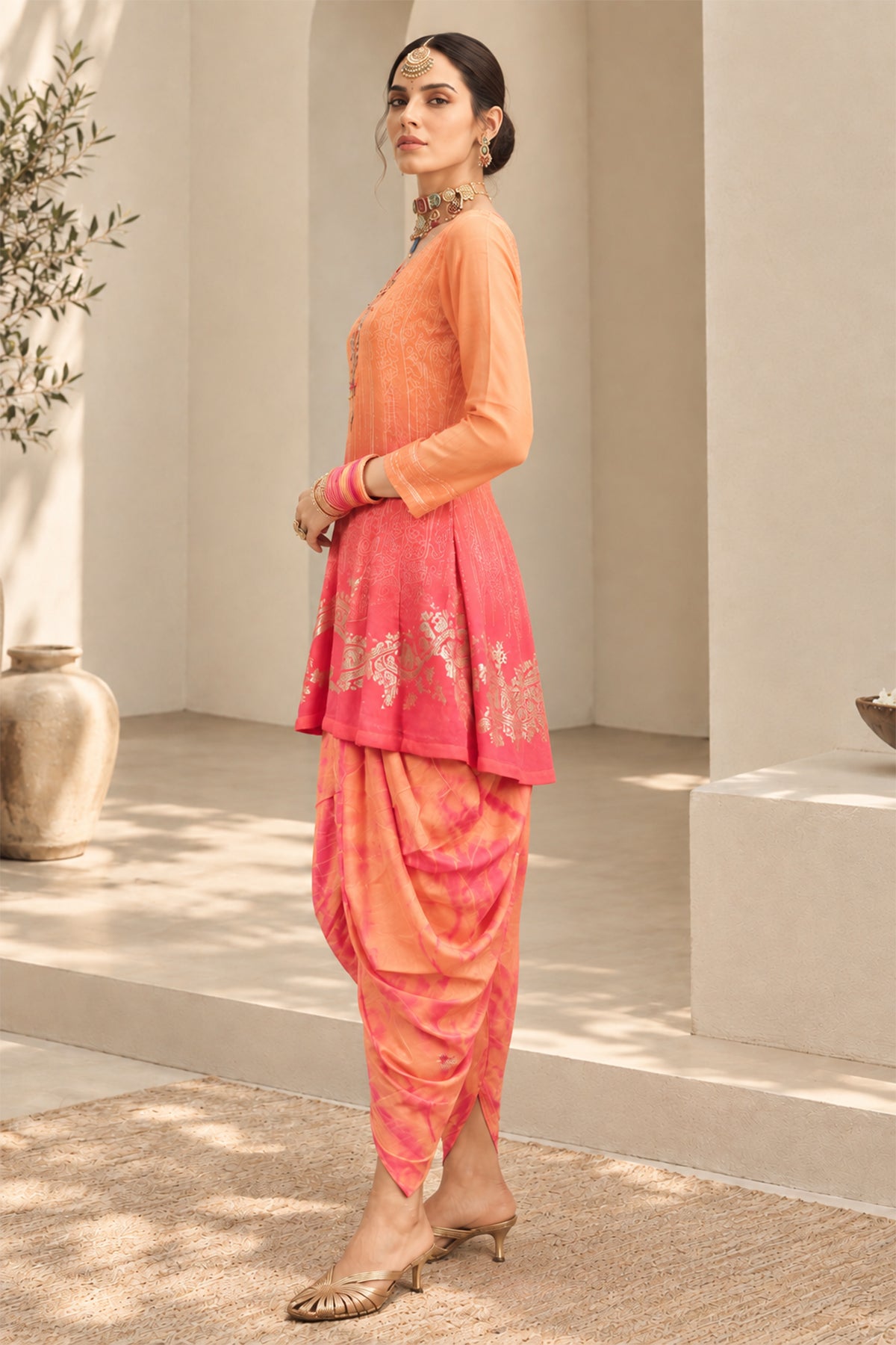 Peach Printed A Line Kurta 3 Pcs Set
