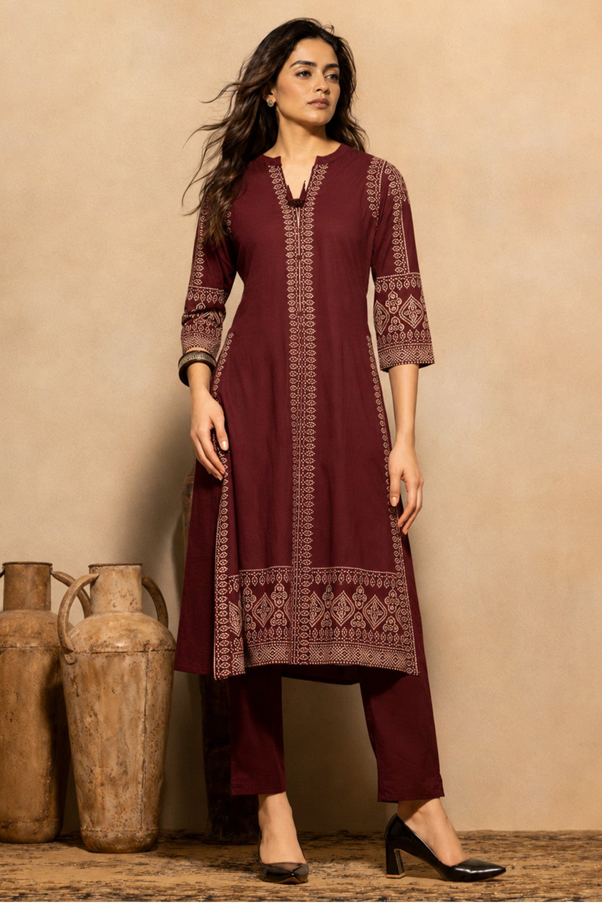 Maroon Bandhani Printed A-line Kurta 3 Pcs Set