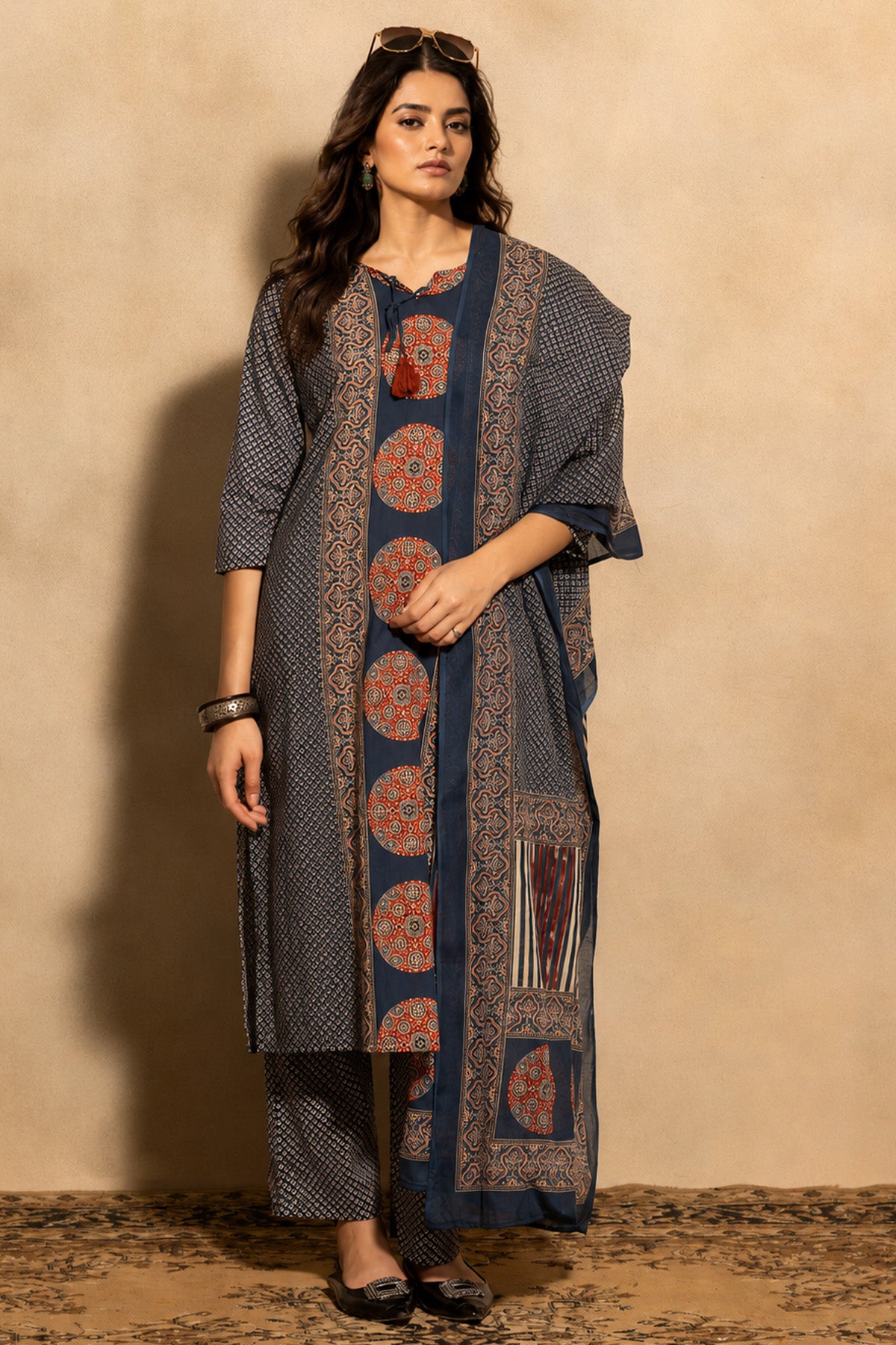 Blue Block Printed Kurta 3 Pcs Set