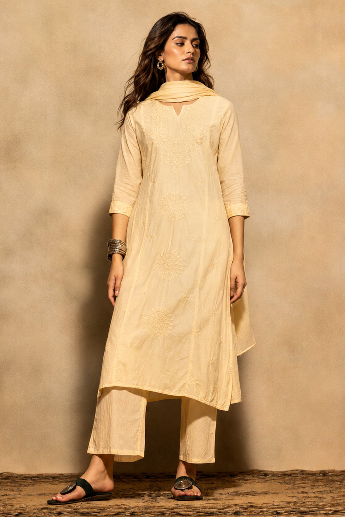 Beige Embroidered Kurta 3 Pcs Set