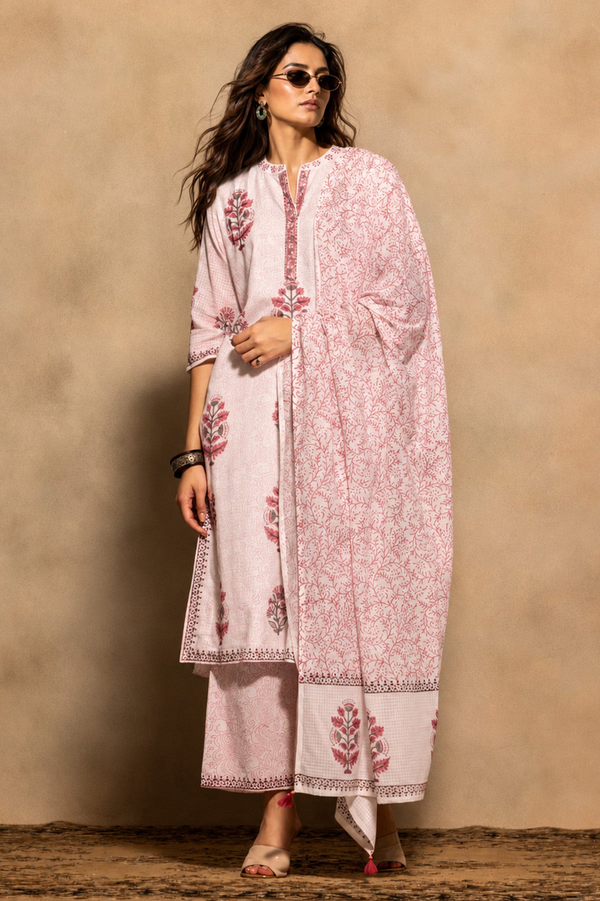 White Printed Kurta 3 Pcs Set