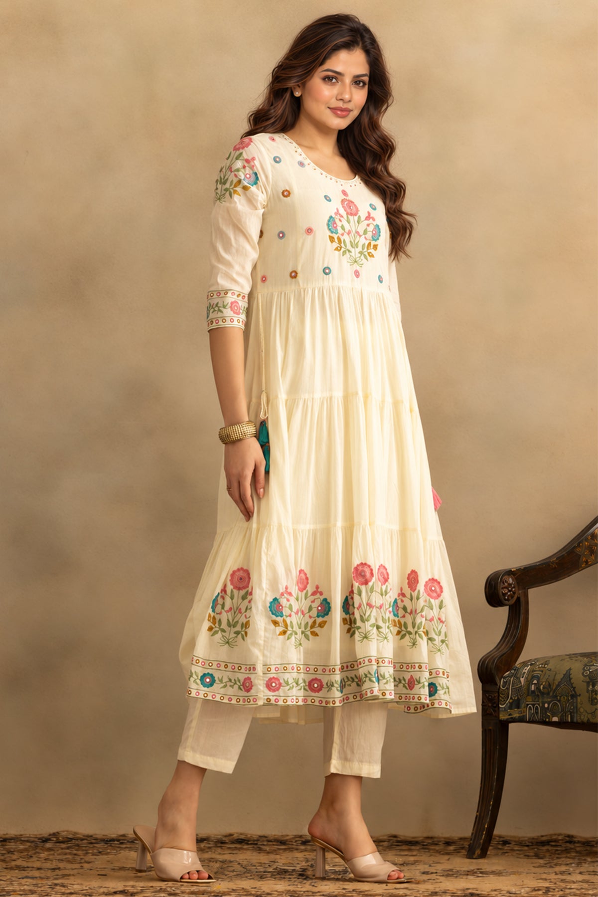 Cream Flared Embroidered Kurta 3 Pcs Set