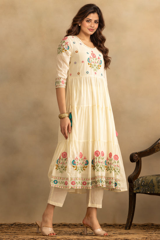 Cream Flared Embroidered Kurta 3 Pcs Set