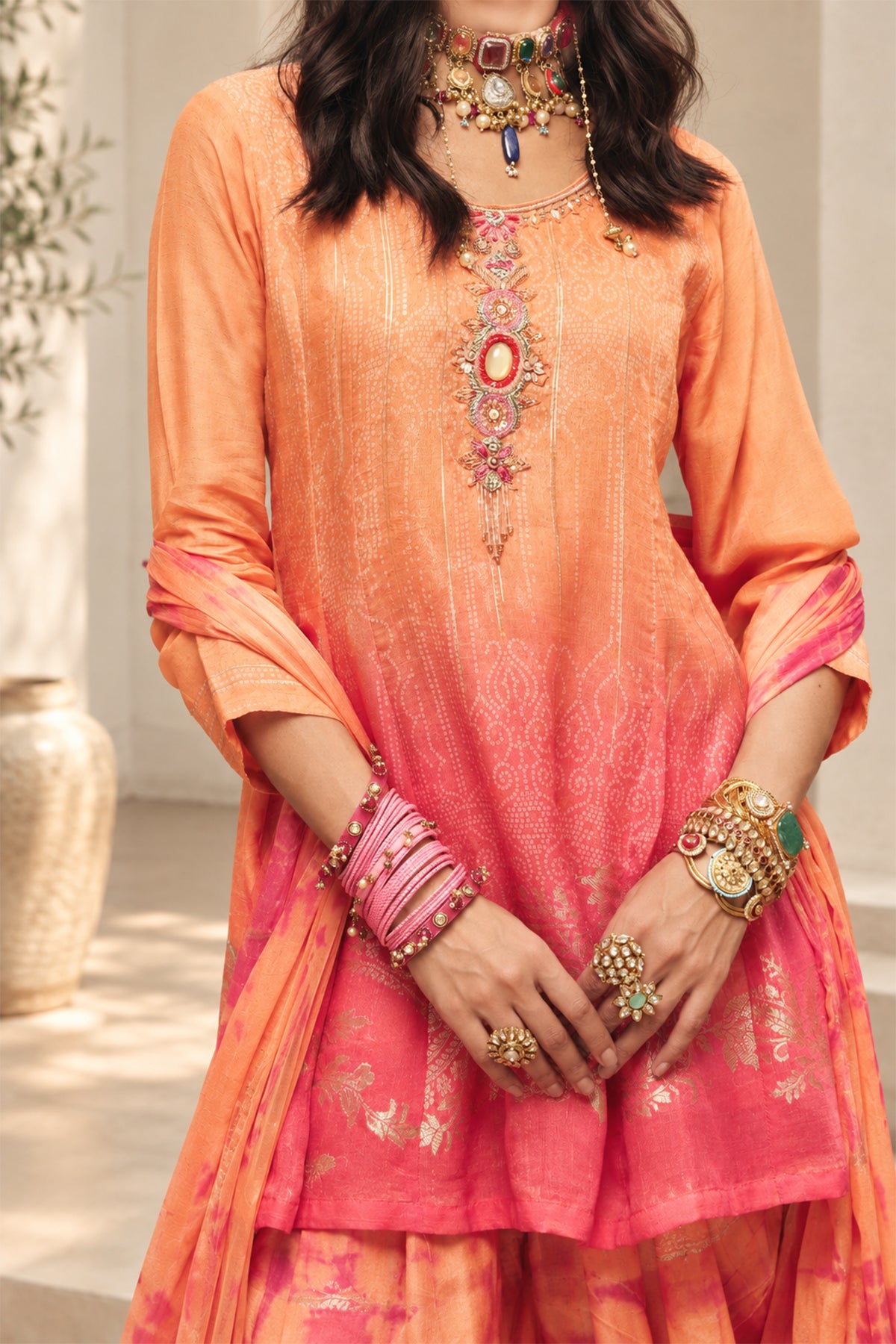 Peach Printed A Line Kurta 3 Pcs Set