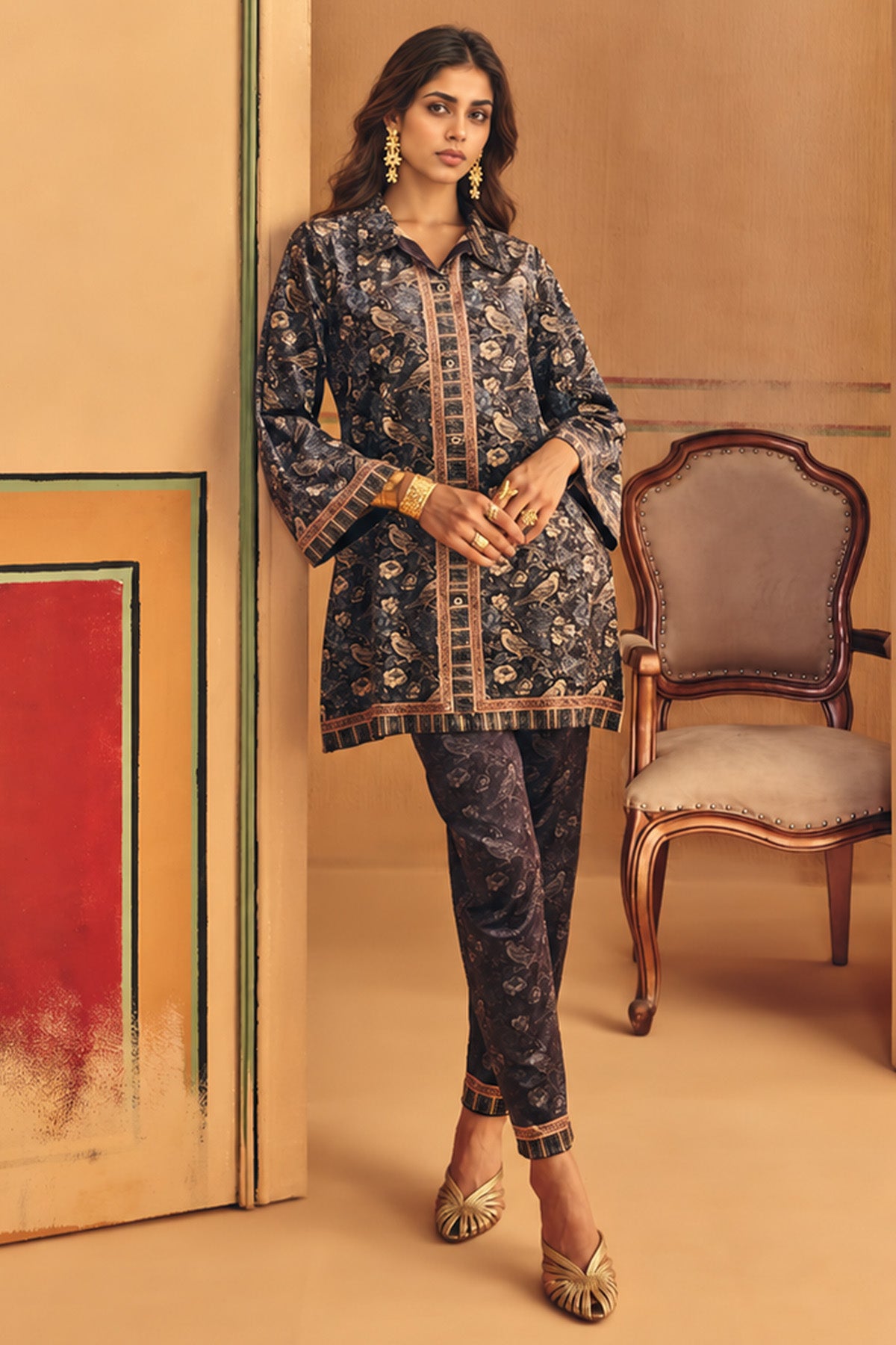 Winter Blue Printed Velvet Co-Ord Set