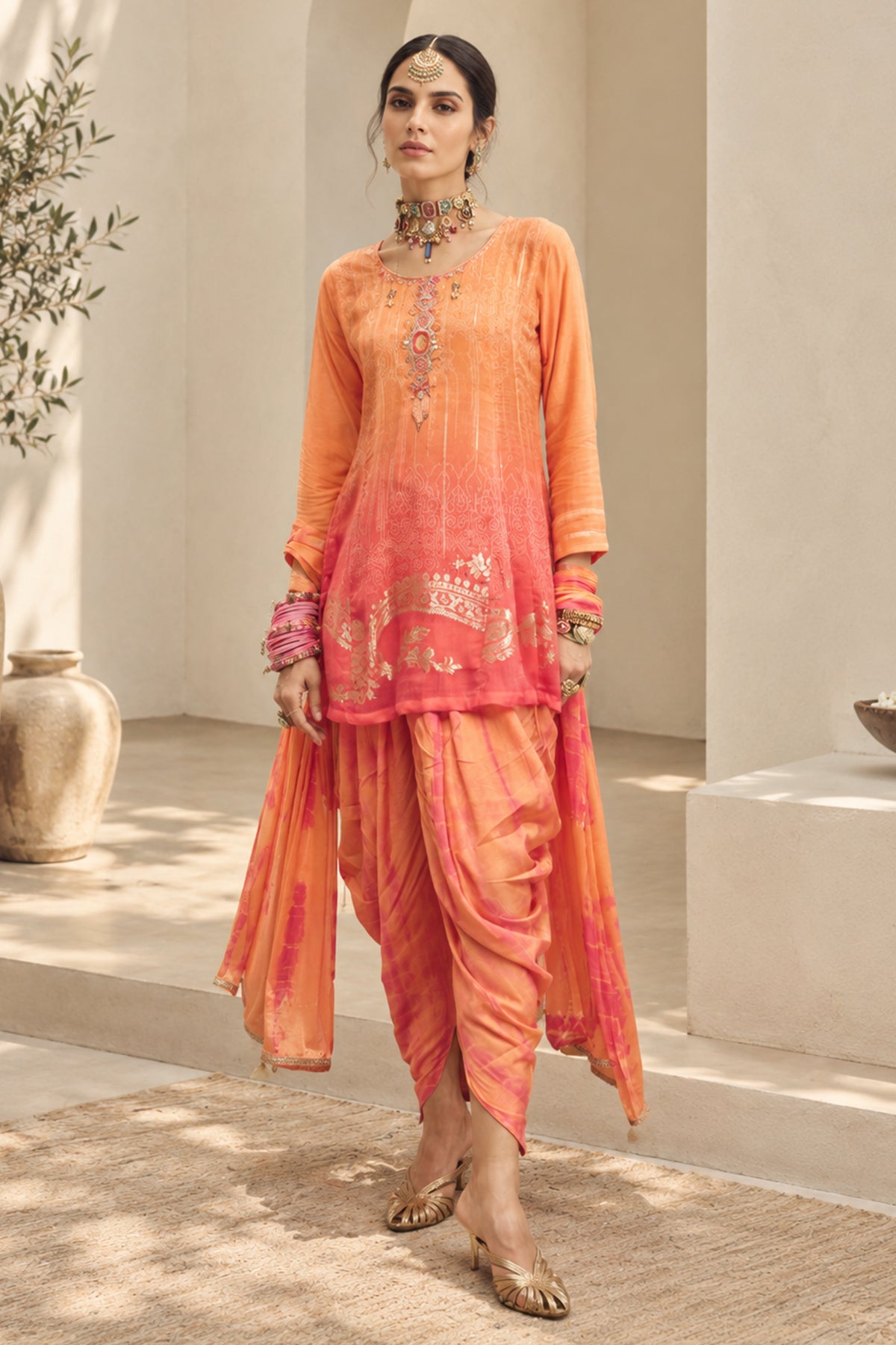 Peach Printed A Line Kurta 3 Pcs Set