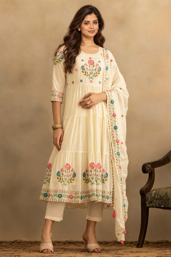 Cream Flared Embroidered Kurta 3 Pcs Set