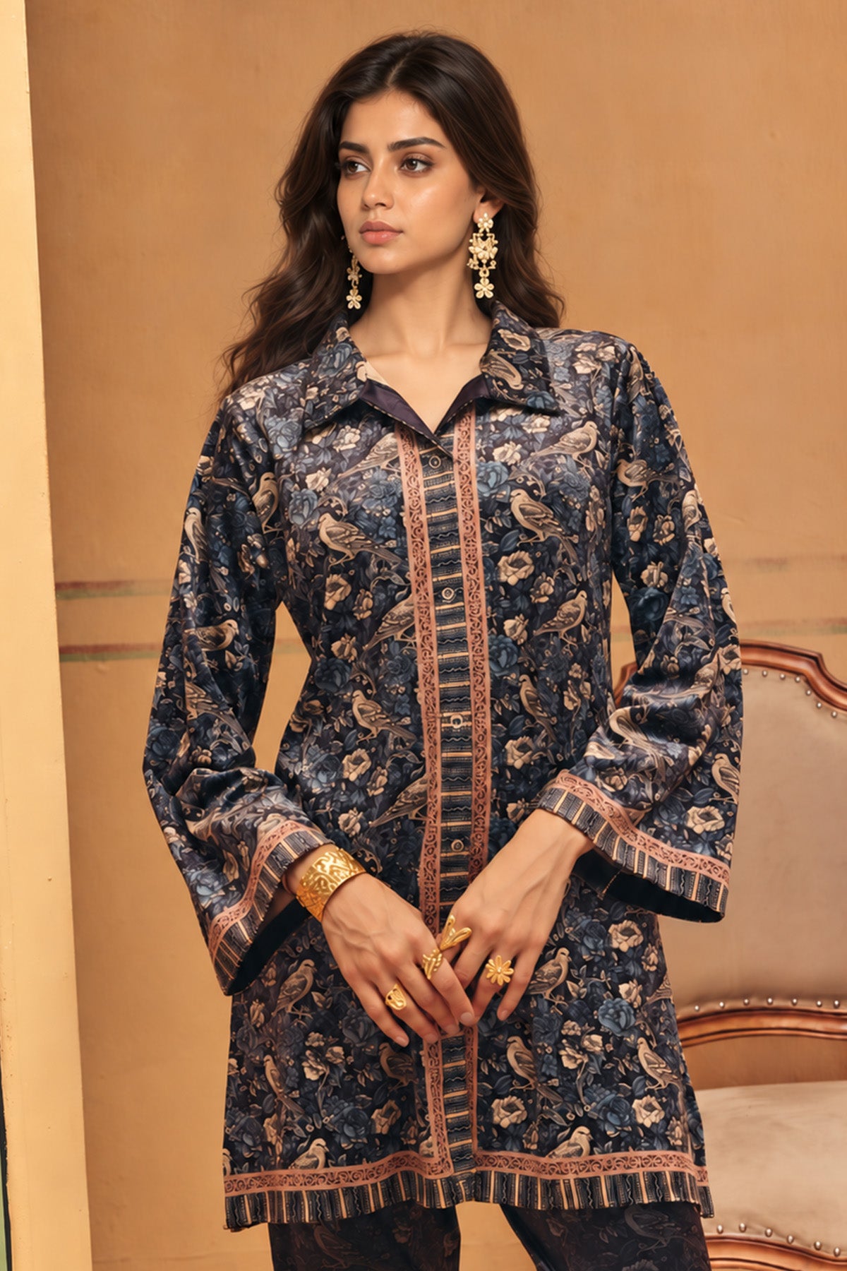 Winter Blue Printed Velvet Co-Ord Set