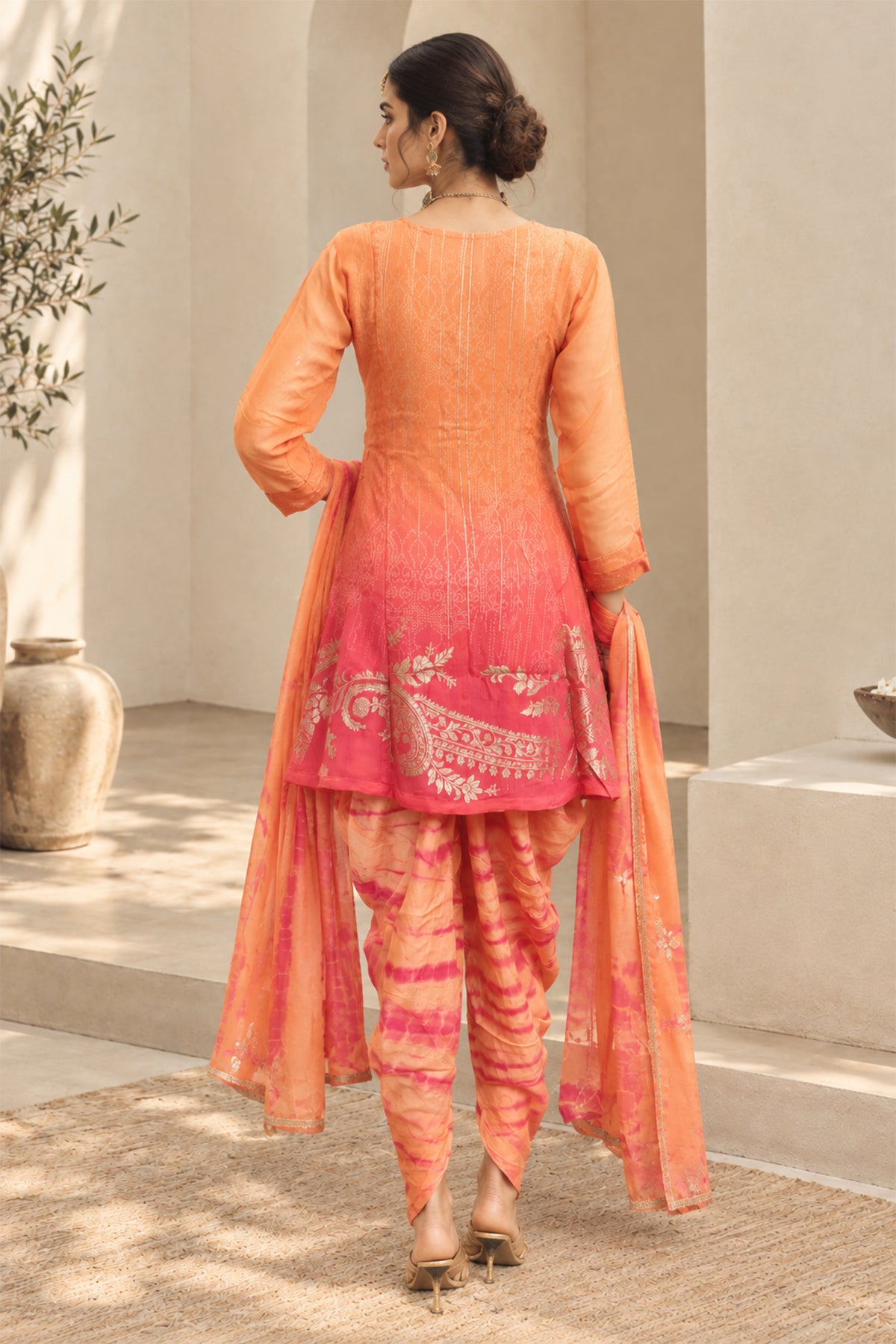 Peach Printed A Line Kurta 3 Pcs Set