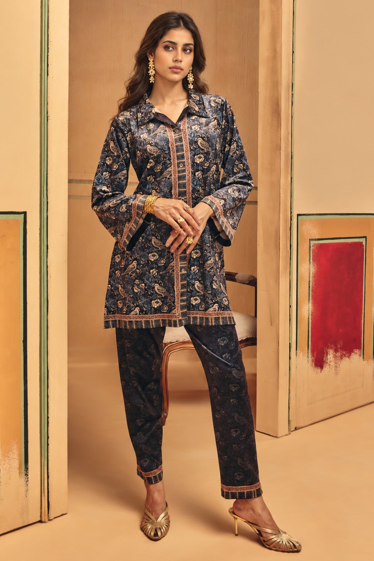 Winter Blue Printed Velvet Co-Ord Set