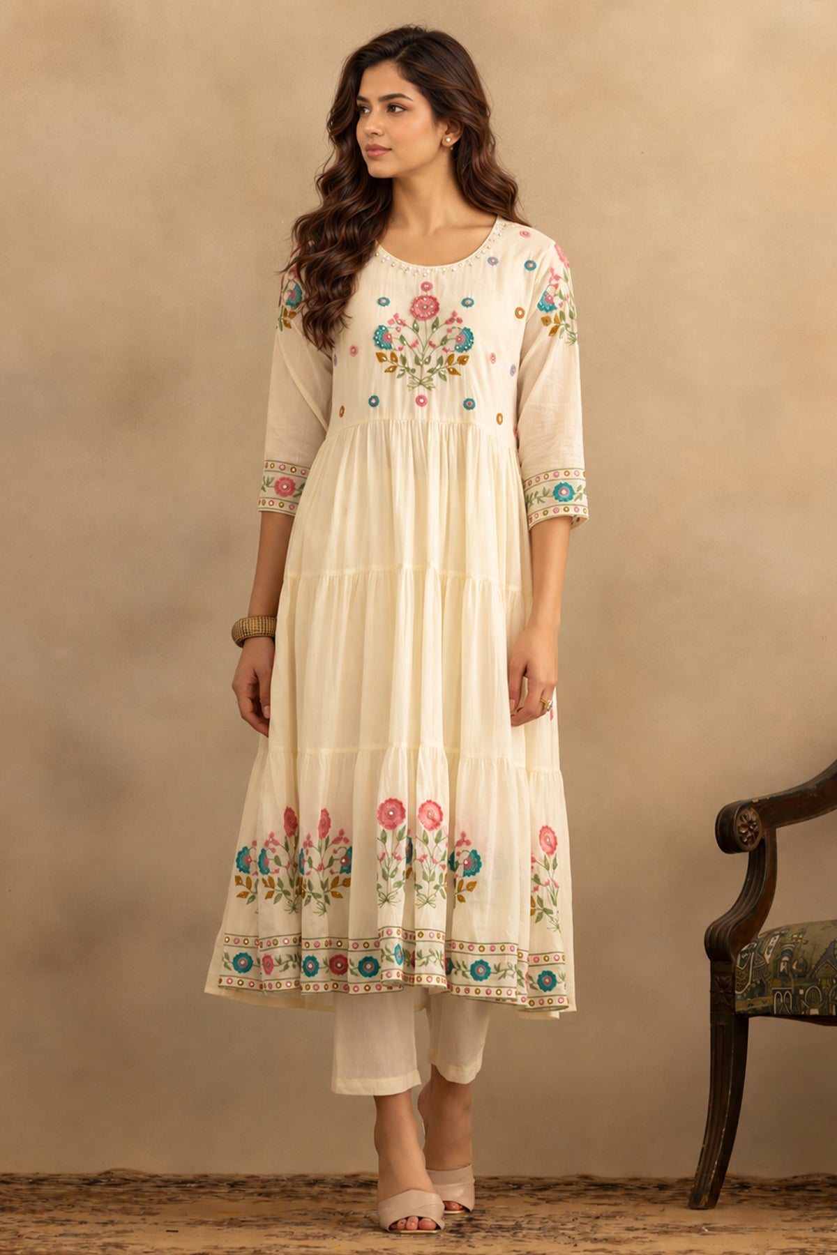 Cream Flared Embroidered Kurta 3 Pcs Set