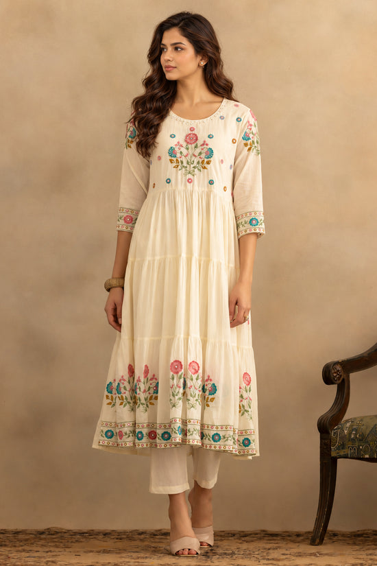 Cream Flared Embroidered Kurta 3 Pcs Set