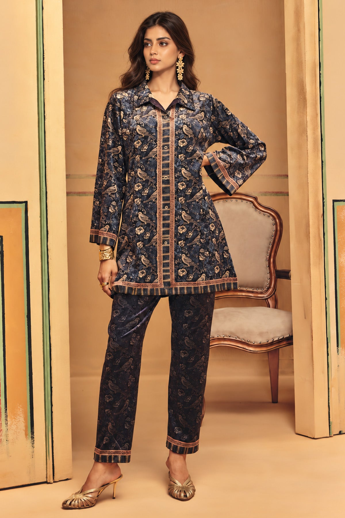 Winter Blue Printed Velvet Co-Ord Set