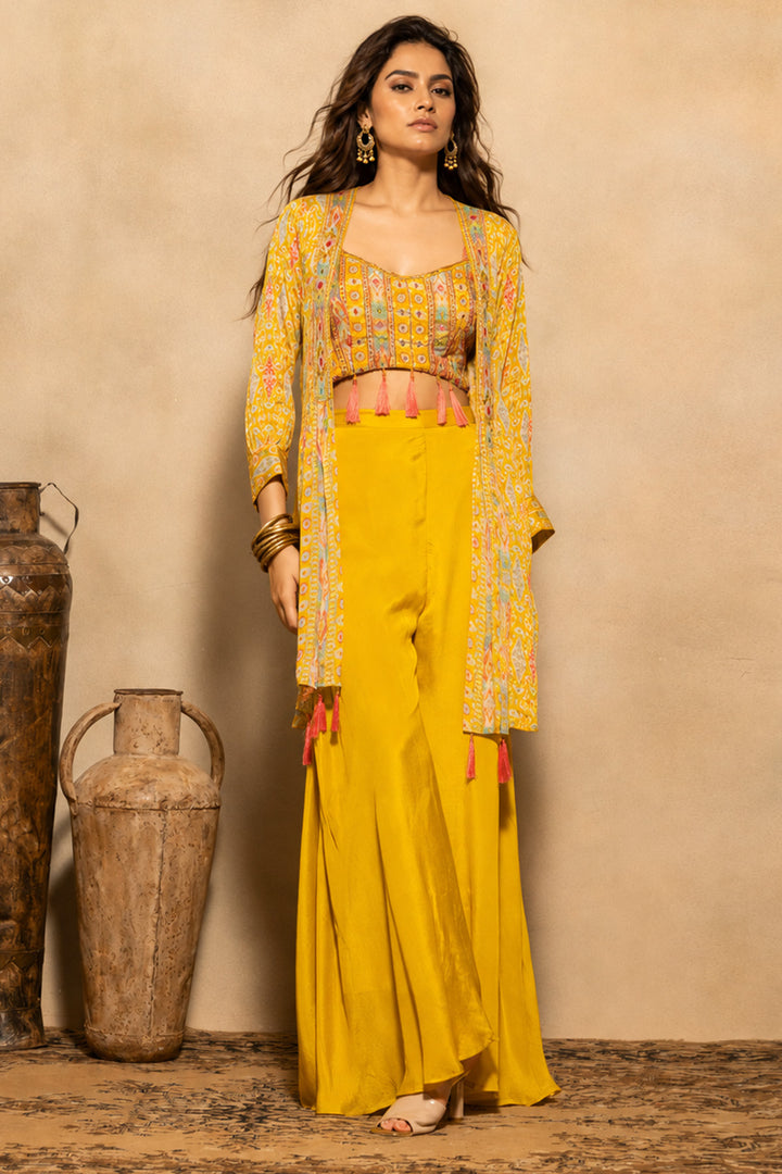 Yellow Embellished Flared Kurta 3 Pcs Set