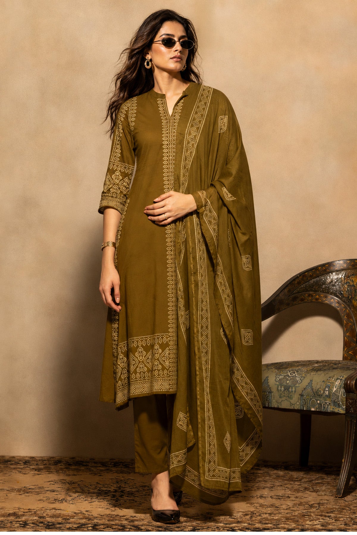 Green Bandhani Printed A-line Kurta 3 Pcs Set