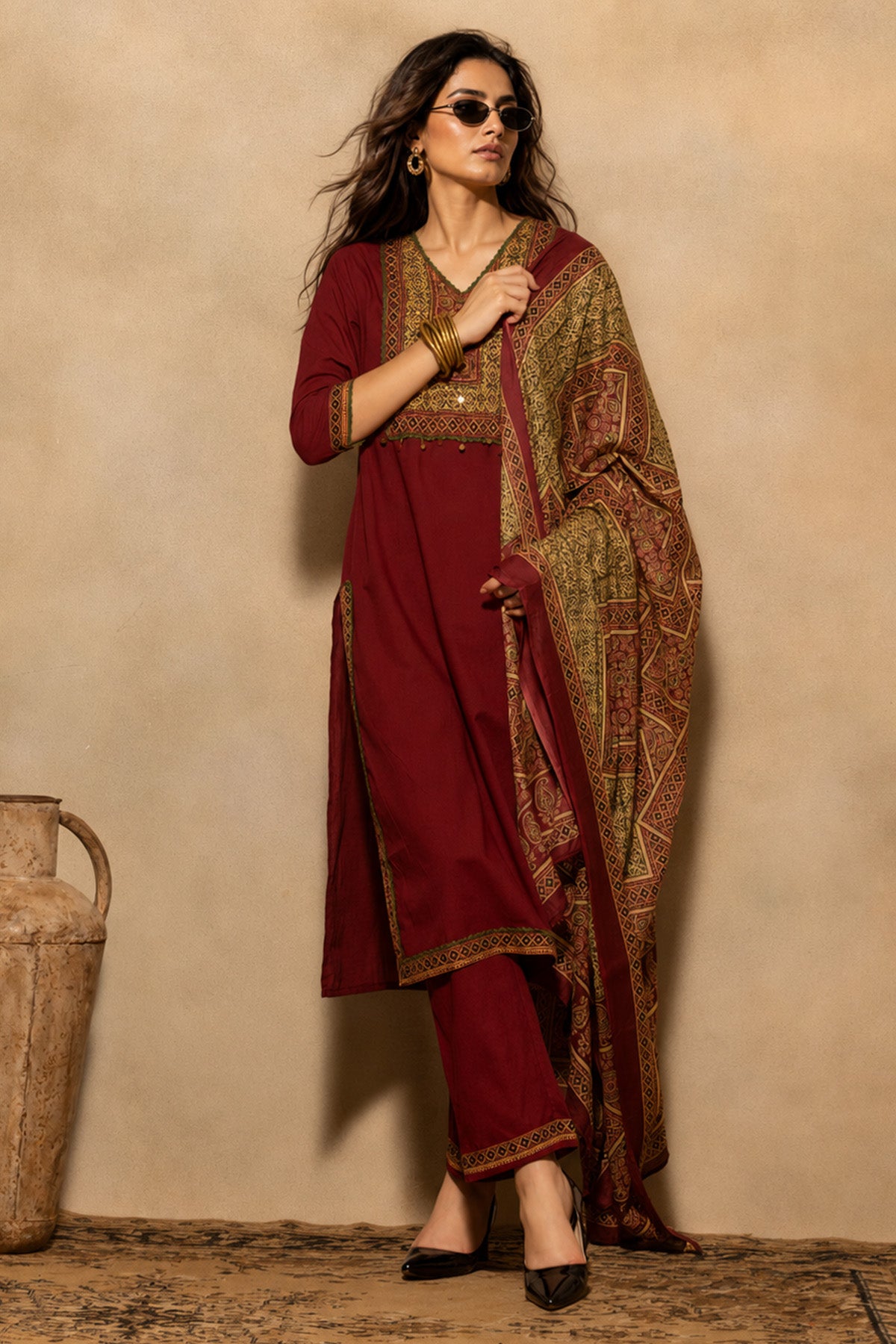 Maroon Block Printed Kurta 3 Pcs Set