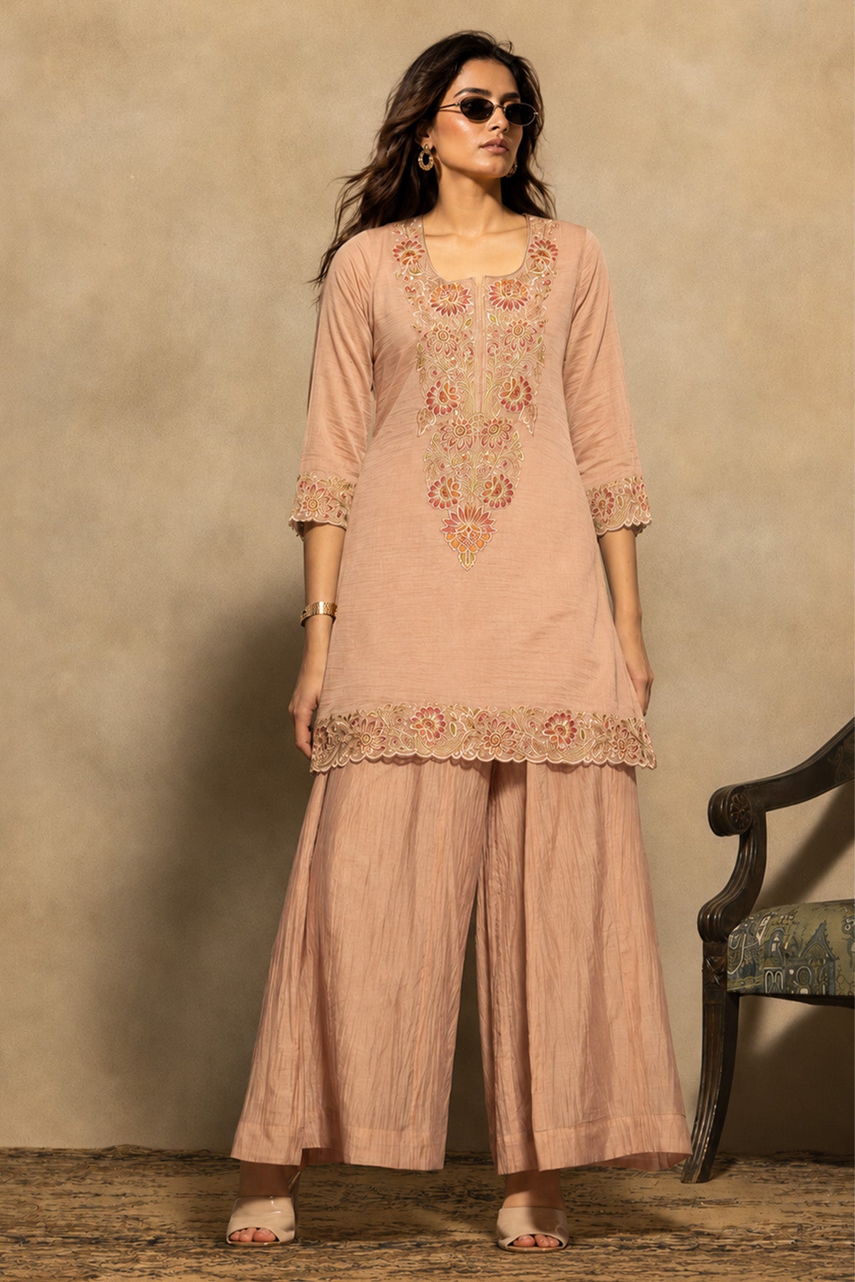 Pink A-line Embroidered Kurta 3 Pcs Set