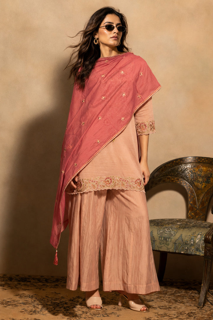 Pink A-line Embroidered Kurta 3 Pcs Set